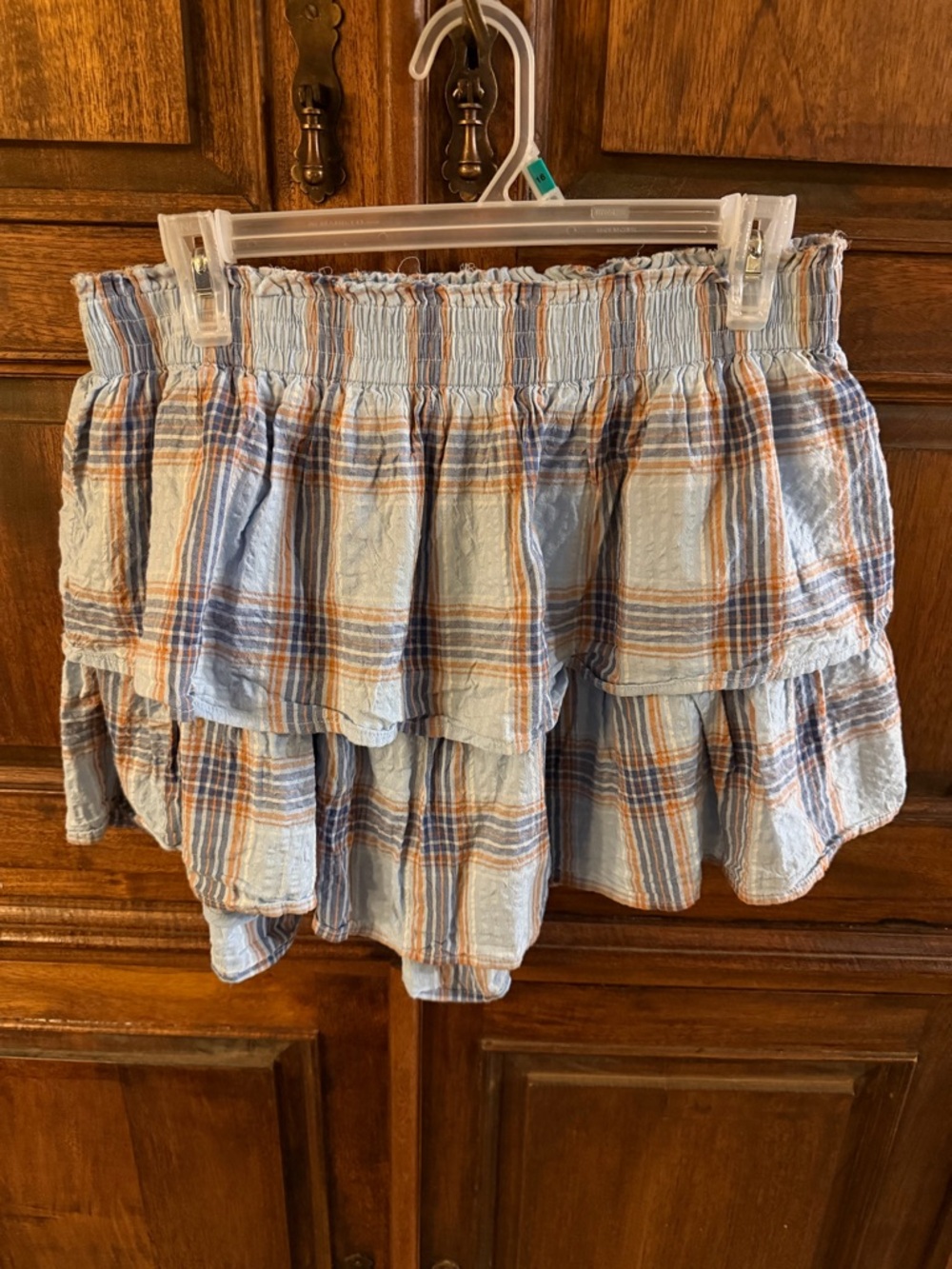 AERIE  Rock and Ruffle Light  Blue Smocked Waist Tiered Mini Skirt